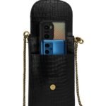Luxury Women’s Crossbody Mobile Bag – Black Croc Pattern with Gold Chain Strap