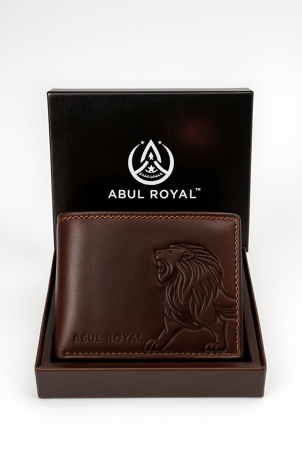 ABUL ROYAL™ Denial Brown Genuine Leather Wallet for Men | Handmade Stylish Bi-Fold Wallet with Lion Emboss Design | Premium Gift Box Packaging | RFID Protected Men’s Wallet